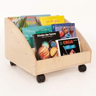 Handgearbeitete Bücherkiste aus Holz auf Rädern für Kinder von FLIXI!