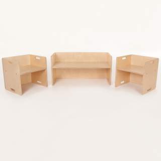 FLIXI Kindermöbel Set – 2 Kinderstühle – eine Sitzbank - Sitzgruppe aus Holz – mitwachsende Möbel mit Wendehocker – aus Birken-Multiplexholz …